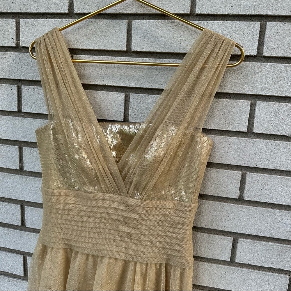 Tadashi Shoji Gold Tiered Gown Petite 6P Sequin V-Neck Tulle Formal Dress Hoco - Picture 4 of 12